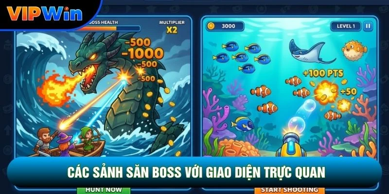 Các sảnh săn boss với giao diện trực quan